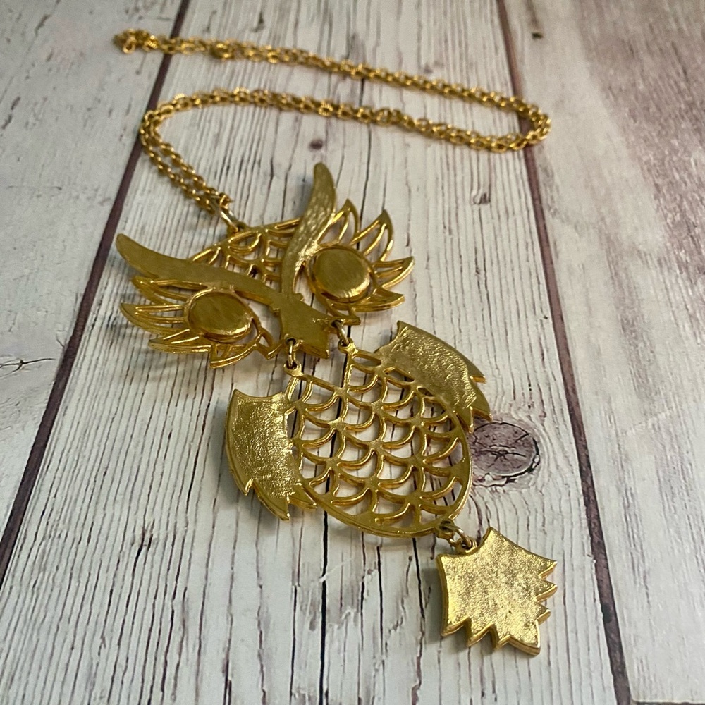 Vintage 1970s Articulated Owl Pendant Necklace – 5” Statement, Orange & Brown - Picture 4 of 5